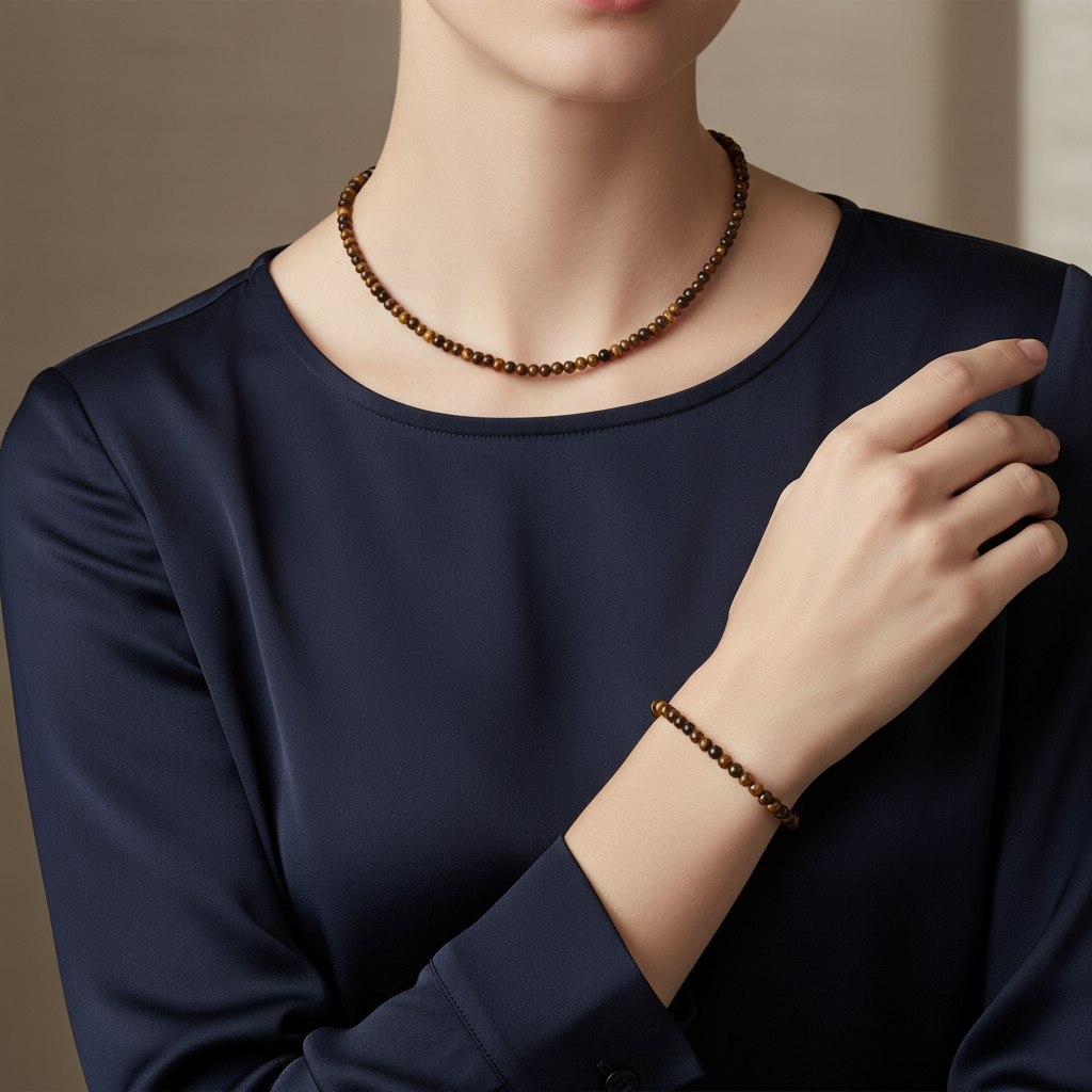 Laboratory Certified Tiger’s Eye Natural Stone Necklace & Bracelet Set 4 mm