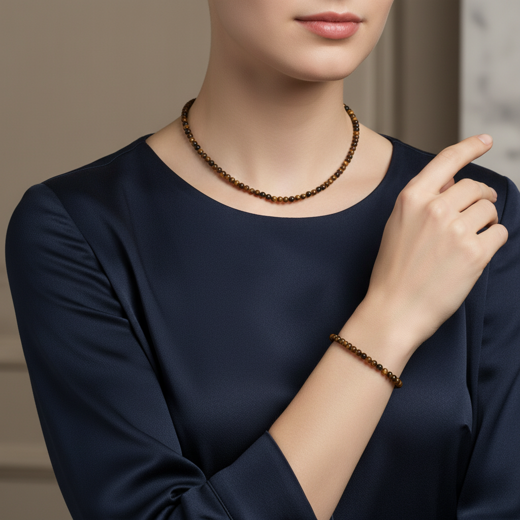 Laboratory Certified Tiger’s Eye Natural Stone Necklace & Bracelet Set 4 mm