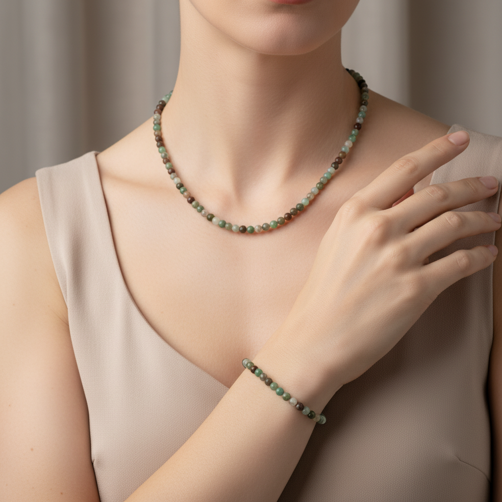 Laboratory Certified Chrysoprase Natural Stone Necklace & Bracelet Set 4 mm