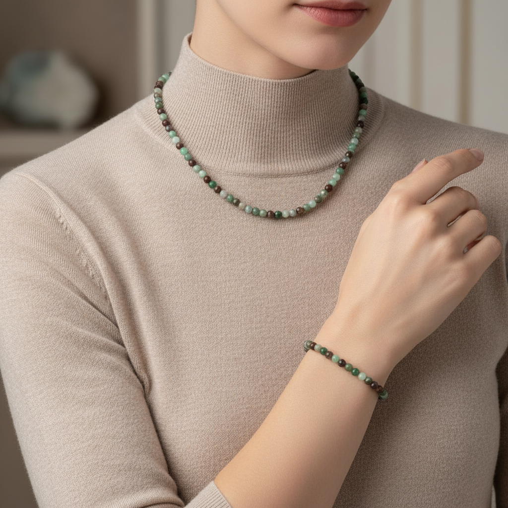 Laboratory Certified Chrysoprase Natural Stone Necklace & Bracelet Set 4 mm