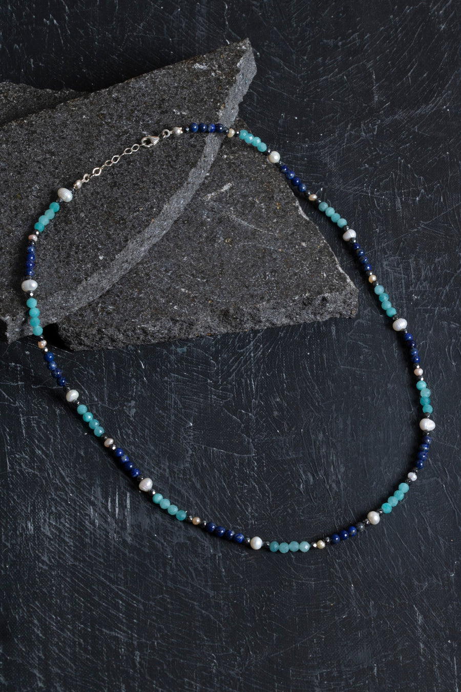 Laboratory Certified Lapis Lazuli, Amazonite & Pearl Natural Stone Necklace