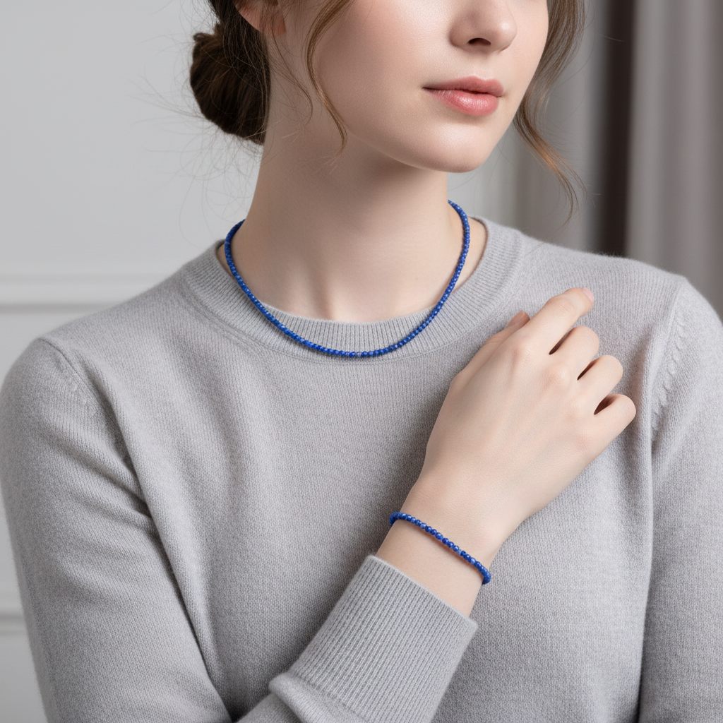 Laboratory Certified Lapis Lazuli Natural Stone Necklace & Bracelet Set 4 mm