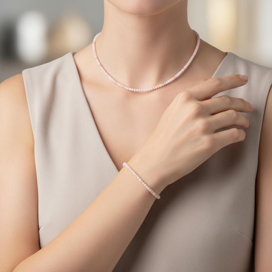Laboratory Certified Morganite Natural Stone Necklace & Bracelet Set 3–4 mm