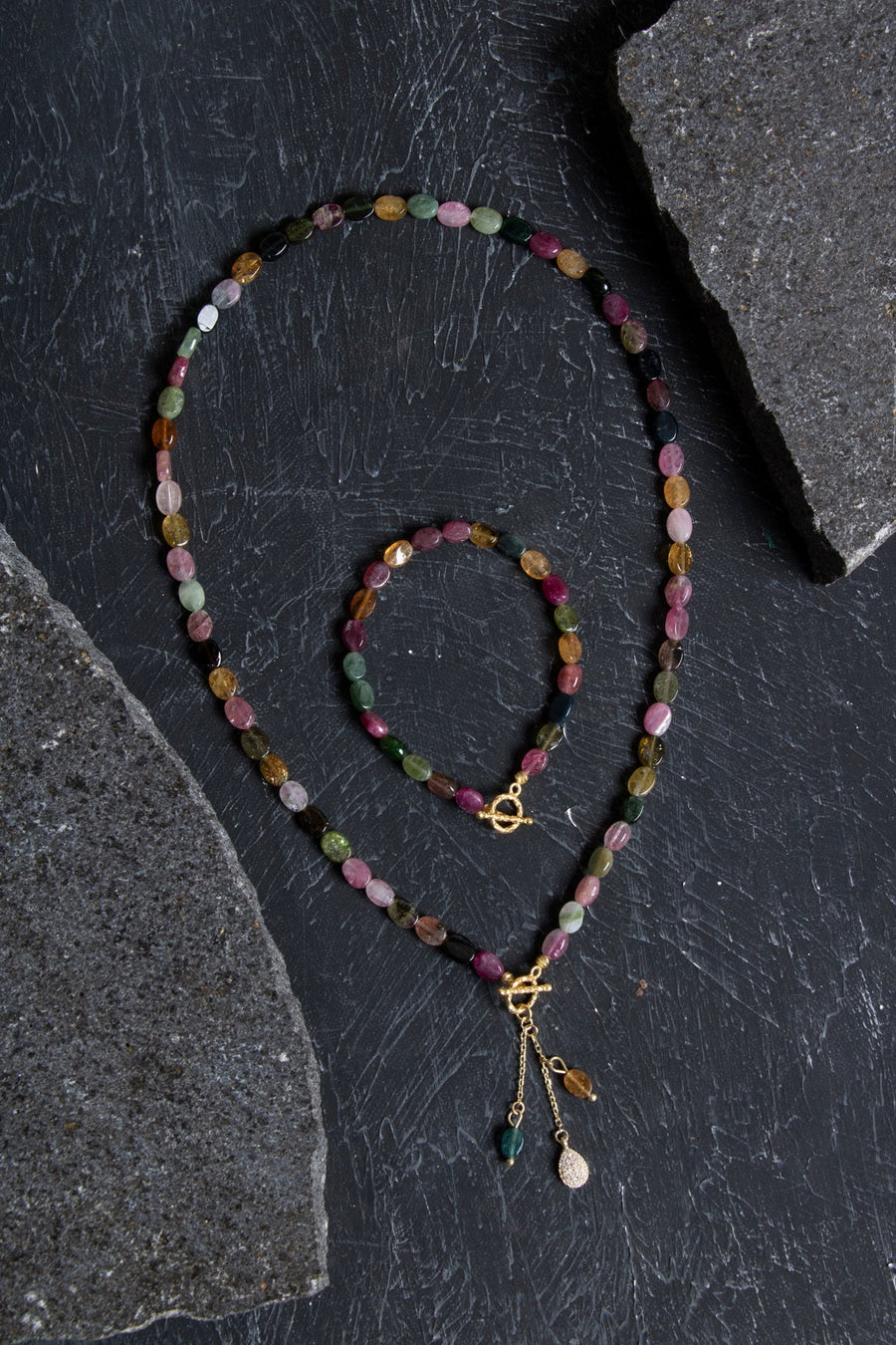 Laboratory Certified Special Tourmaline Natural Stone Set with Gold-Plated & 925 Sterling Silver Accents (Necklace & Bracelet)