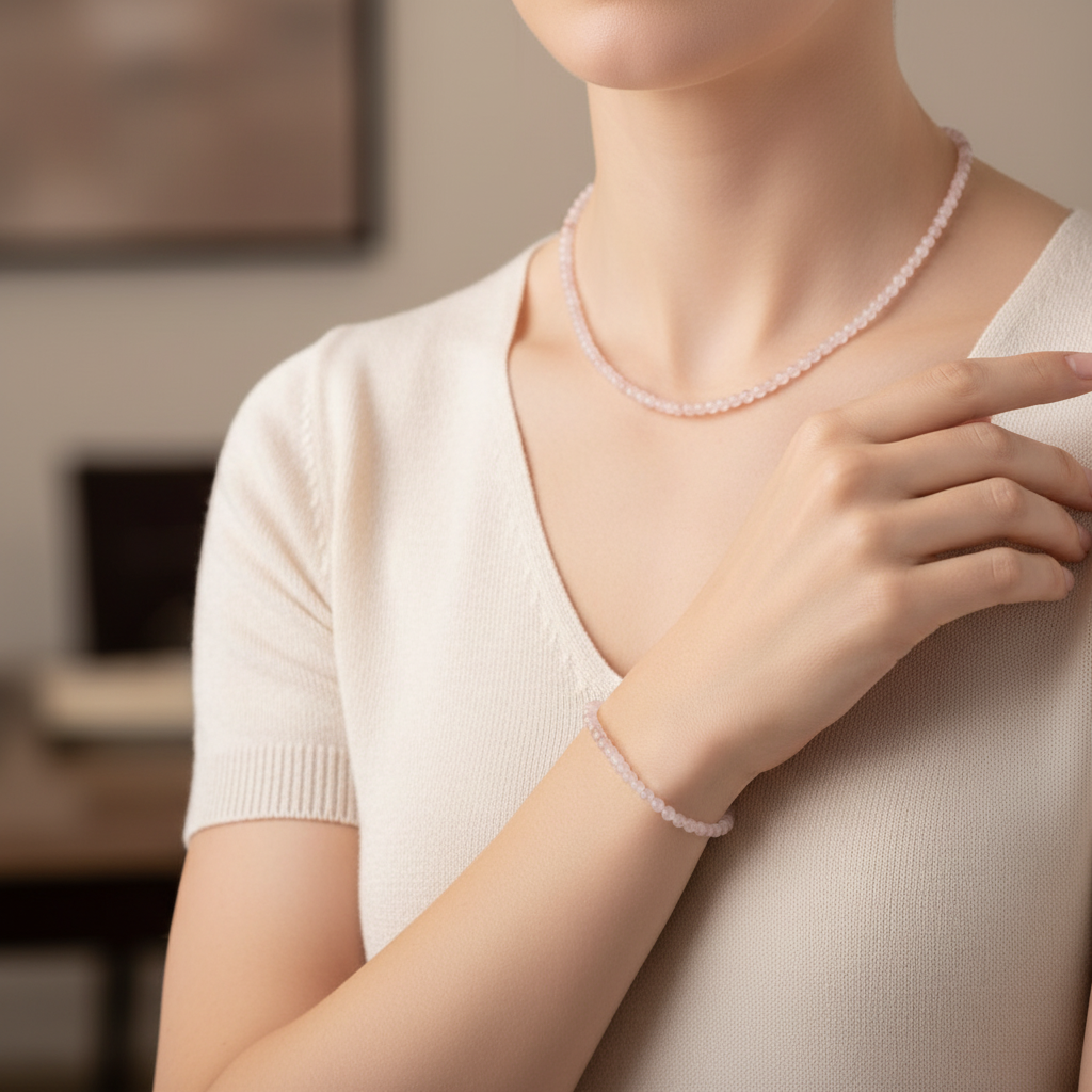 Laboratory Certified Rose Quartz Natural Stone Necklace & Bracelet Set 3–4 mm