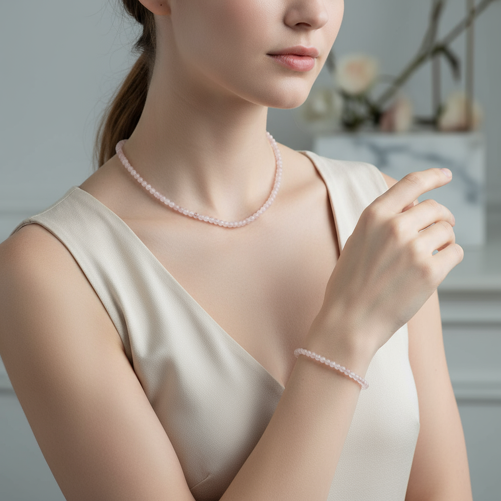 Laboratory Certified Rose Quartz Natural Stone Necklace & Bracelet Set 3–4 mm
