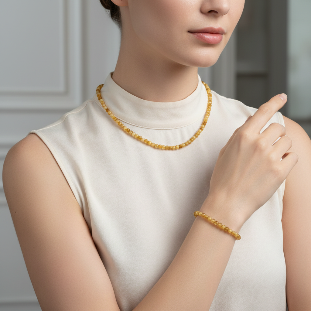 Laboratory Certified Yellow Tiger’s Eye Natural Stone Necklace & Bracelet Set 4 mm