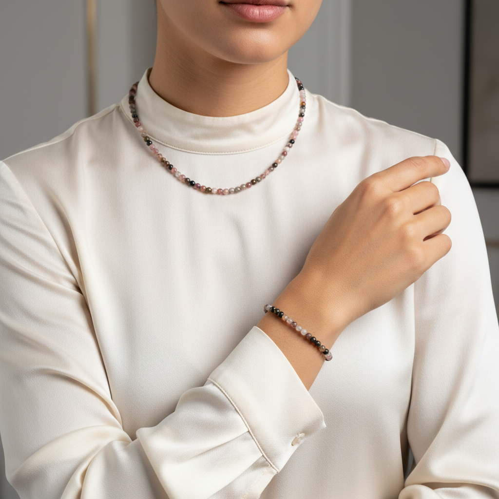 Laboratory Certified Tourmaline Natural Stone Necklace & Bracelet Set 3–4 mm