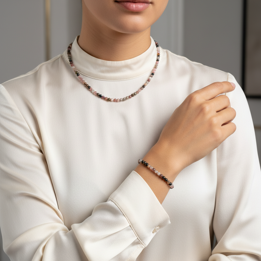 Laboratory Certified Tourmaline Natural Stone Necklace & Bracelet Set 3–4 mm