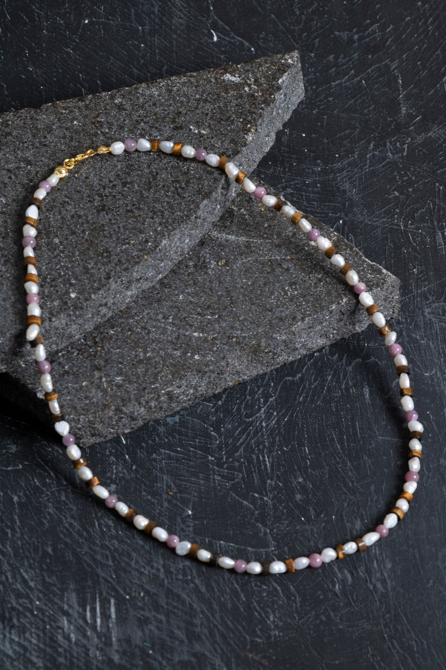 Laboratory Certified Ruby, Pearl & Tiger’s Eye Natural Stone Necklace with 925 Sterling Silver Clasp