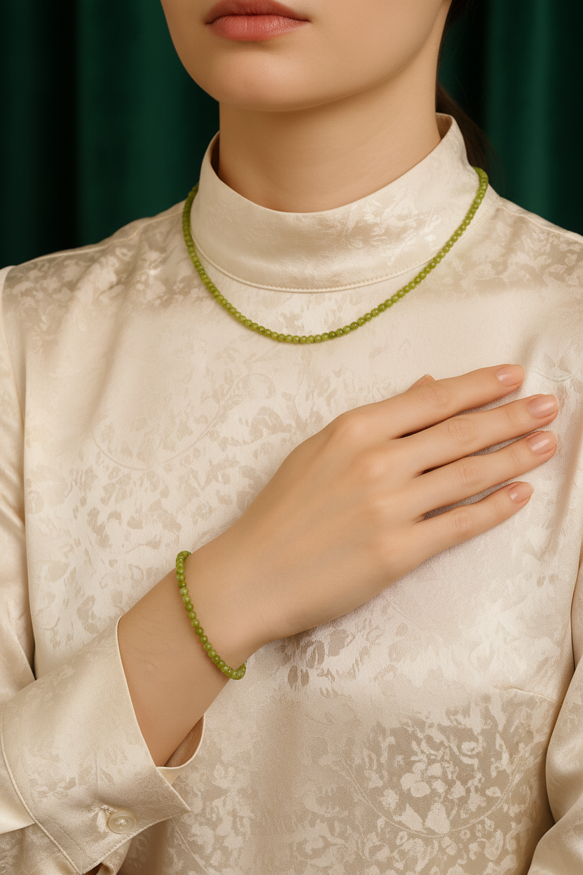 Laboratory Certified Jade (Serpentine) Natural Stone Necklace & Bracelet Set 4 mm Round Bead Cut