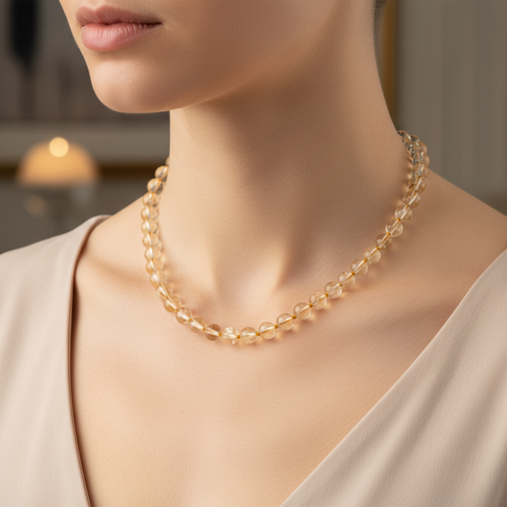 Laboratory Certified Citrine 8 mm Knotted Natural Stone Necklace