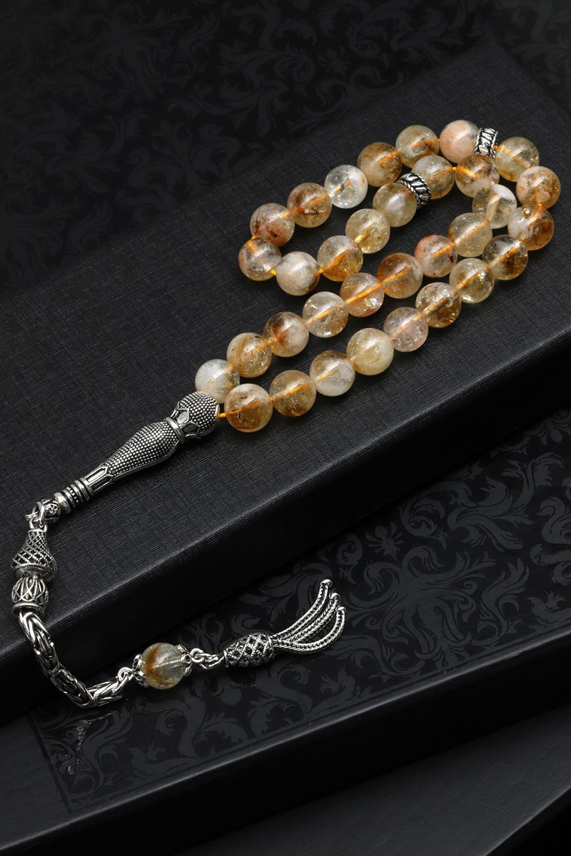 Laboratory Certified Citrine Natural Gemstone Prayer Beads 925 Sterling Silver 8 mm