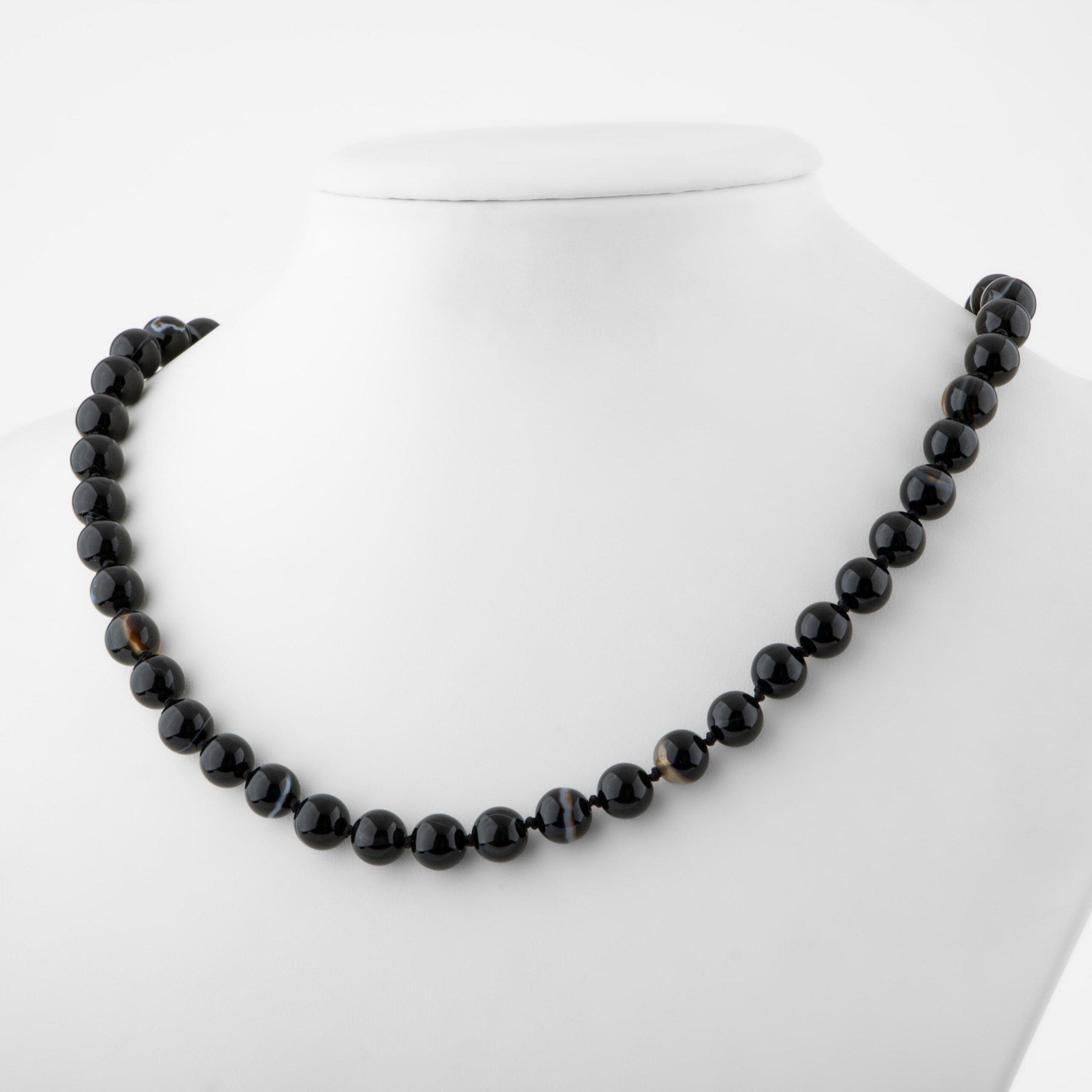 Laboratory Certified Black Eye Agate 8 mm Knotted Natural Stone Necklace