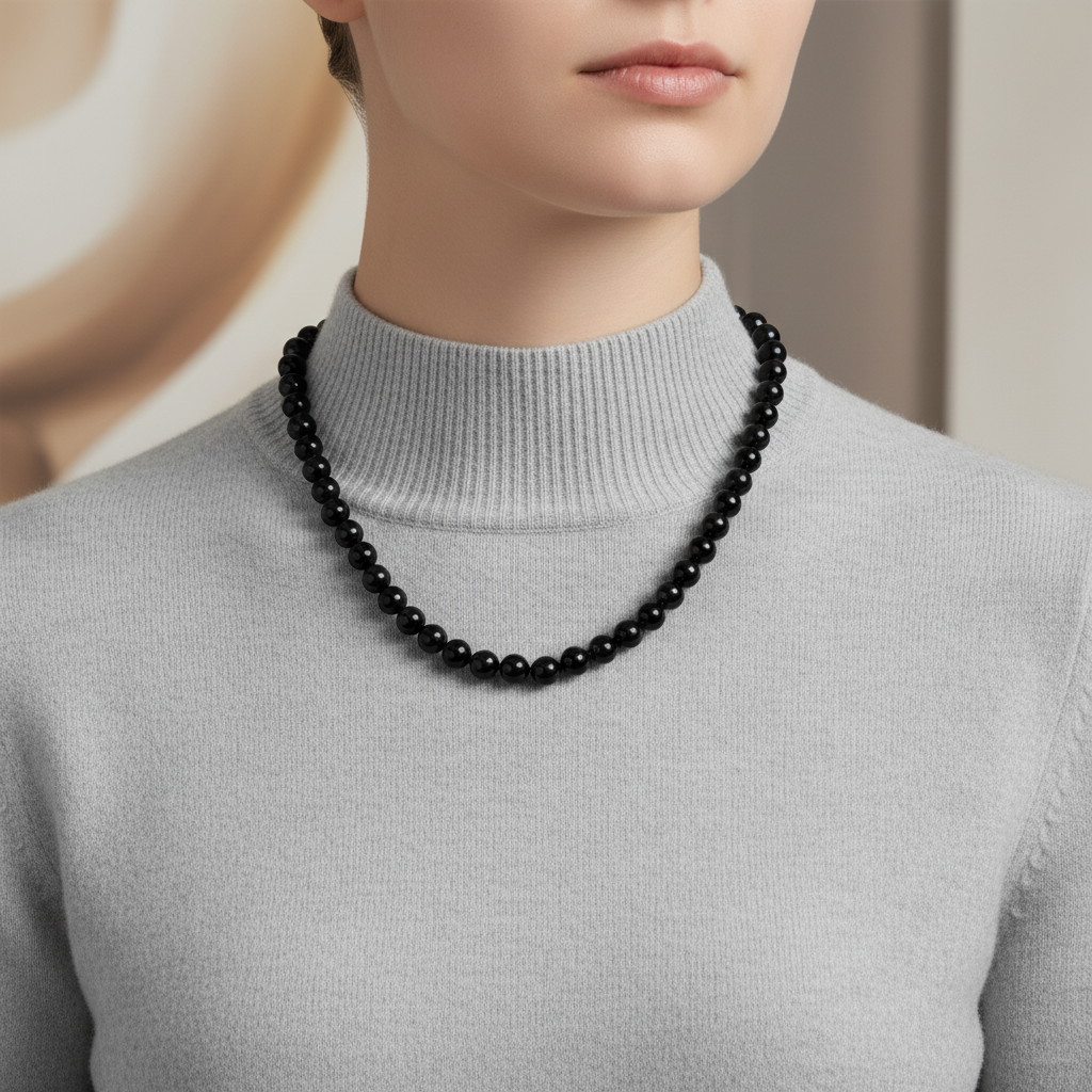 Laboratory Certified Black Tourmaline 8 mm Knotted Natural Stone Necklace