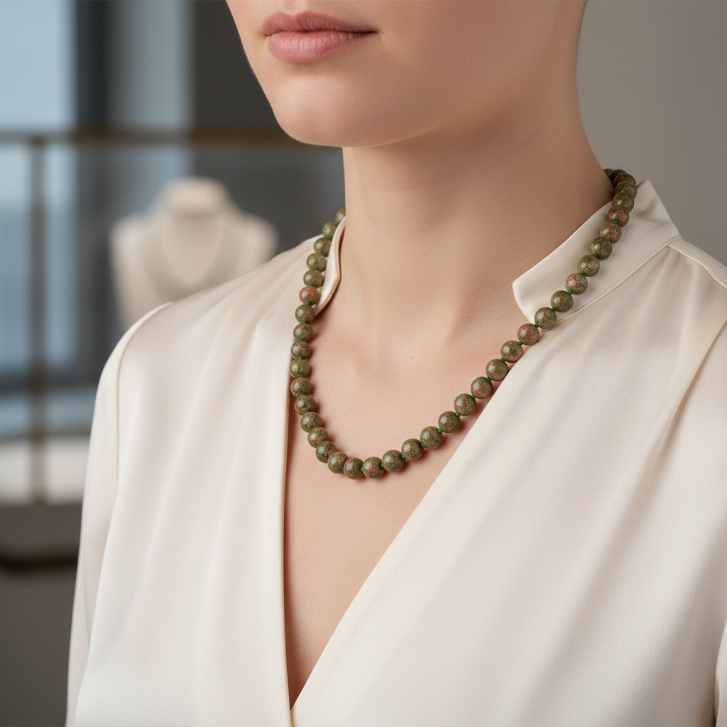 Laboratory Certified Unakite 8 mm Knotted Natural Stone Necklace