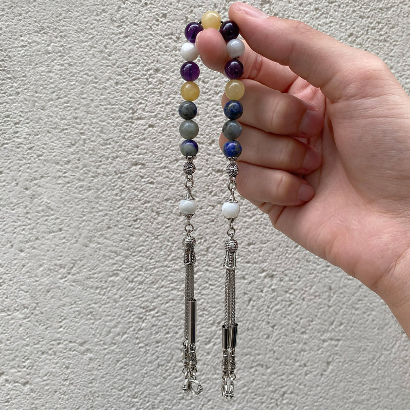 Laboratory Certified Sagittarius Zodiac Zaza-Style-Style Prayer Beads – Amethyst, Calcite, Labradorite, Lapis Lazuli and Mother of Pearl