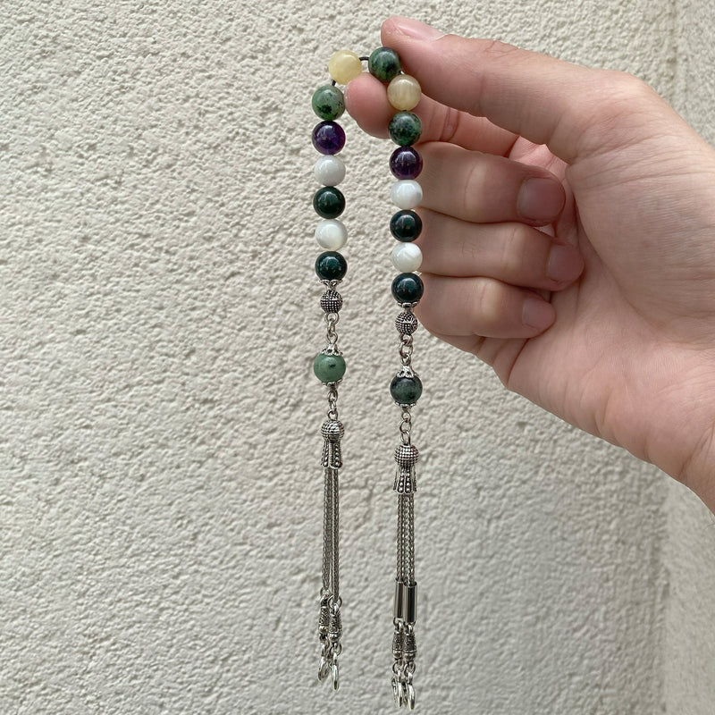 Laboratory Certified Cancer Zodiac Zaza-Style-Style Prayer Beads – Amethyst, Anyolite, Aragonite, Bloodstone and Mother of Pearl