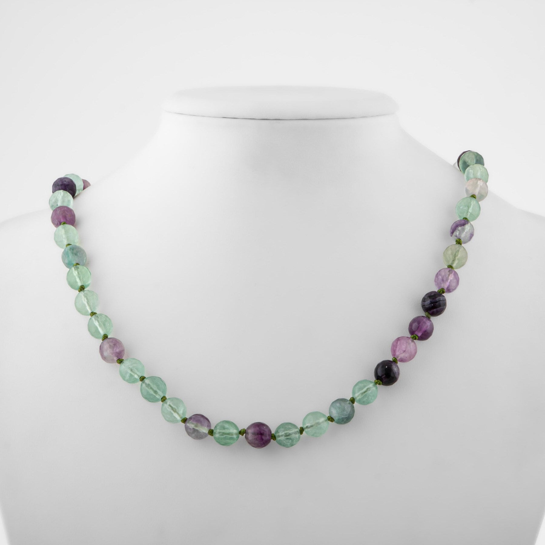 Laboratory Certified Green Fluorite 8 mm Knotted Natural Stone Necklace