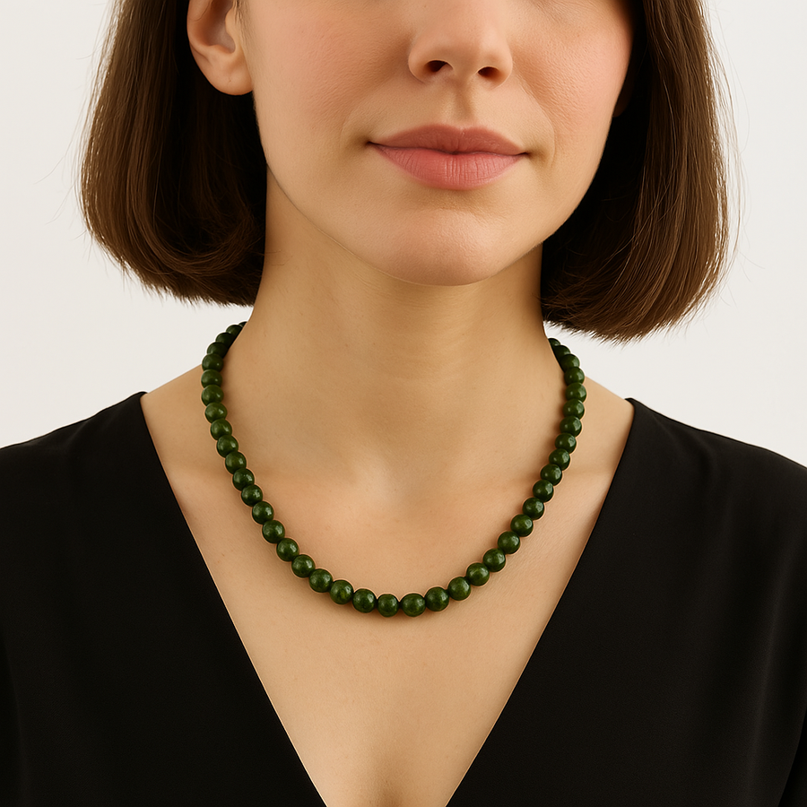 Laboratory Certified Jade (Serpentine) 8 mm Natural Stone Necklace
