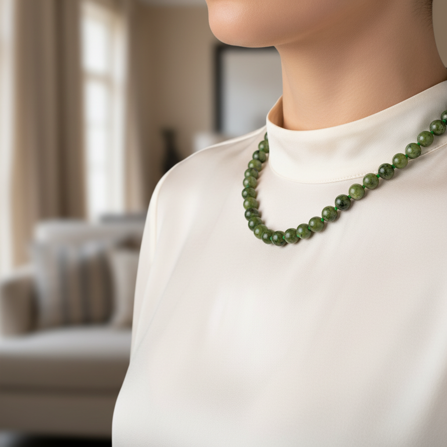 Laboratory Certified Jade (Serpentine) 8 mm Knotted Natural Stone Necklace