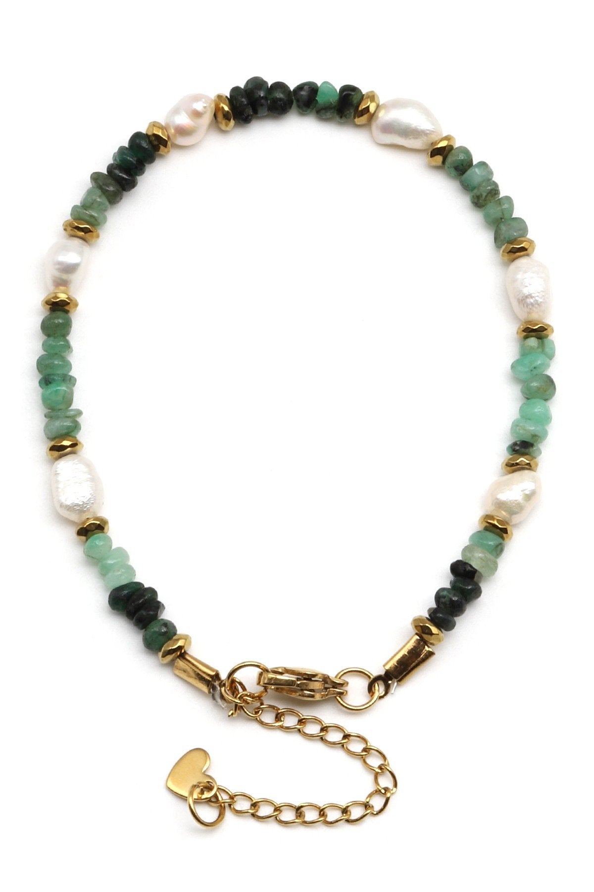 Laboratory Certified Emerald & Pearl Natural Stone Bracelet – Rondelle Cut, Steel Clasp