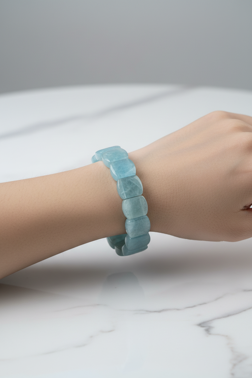 Aquamarine Wide Cut Square Cut Natural Gemstone Bracelet