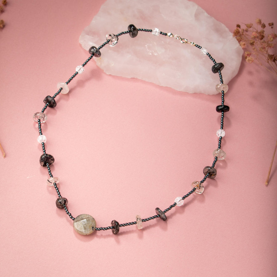Laboratory Certified Labradorite, Rock Crystal (Clear Quartz), Rutilated Quartz & Hematite Natural Stone Necklace – Special Design