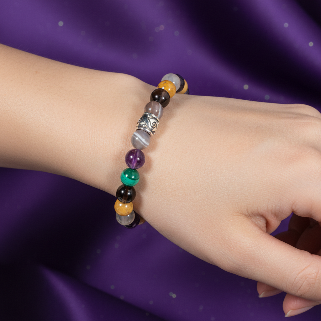 Laboratory Certified Capricorn Zodiac Natural Stone Bracelet – Smoky Quartz, Tiger’s Eye, Red Agate, Rose Quartz & Selenite