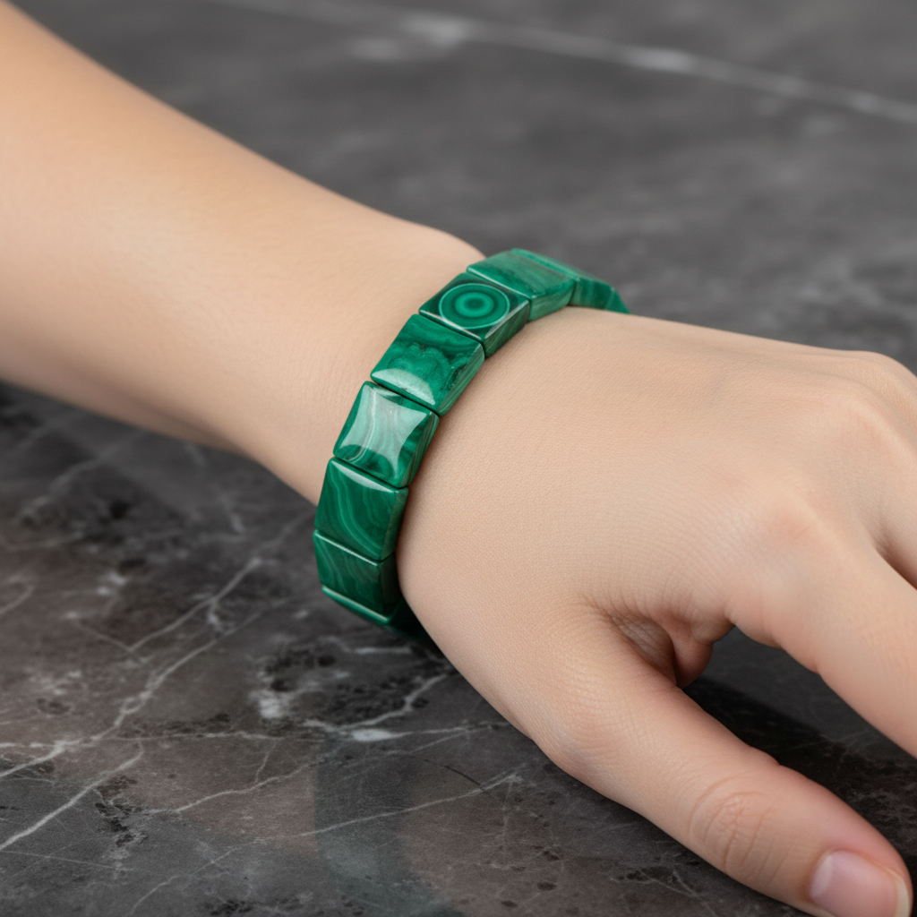 Malachite Wide Cut Square Cut Natural Gemstone Bracelet