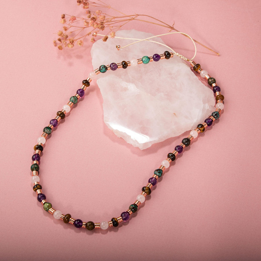 Laboratory Certified Hematite, Rose Quartz, Chrysocolla, Amethyst & Tiger’s Eye Natural Stone Necklace – Special Design