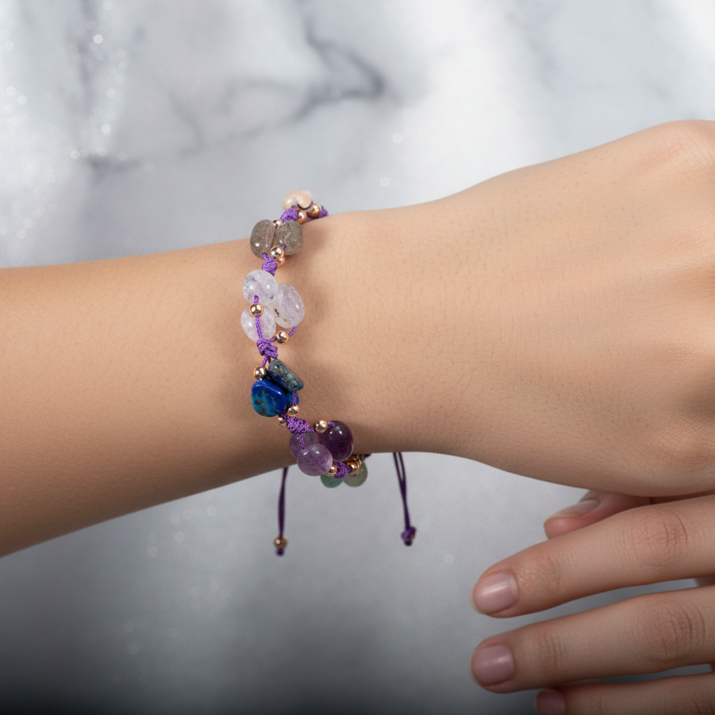 Sagittarius Zodiac Natural Stone Macramé Bracelet – Amethyst, Jasper, Chalcedony, Labradorite, Lapis Lazuli, Blue Apatite, Green Aventurine