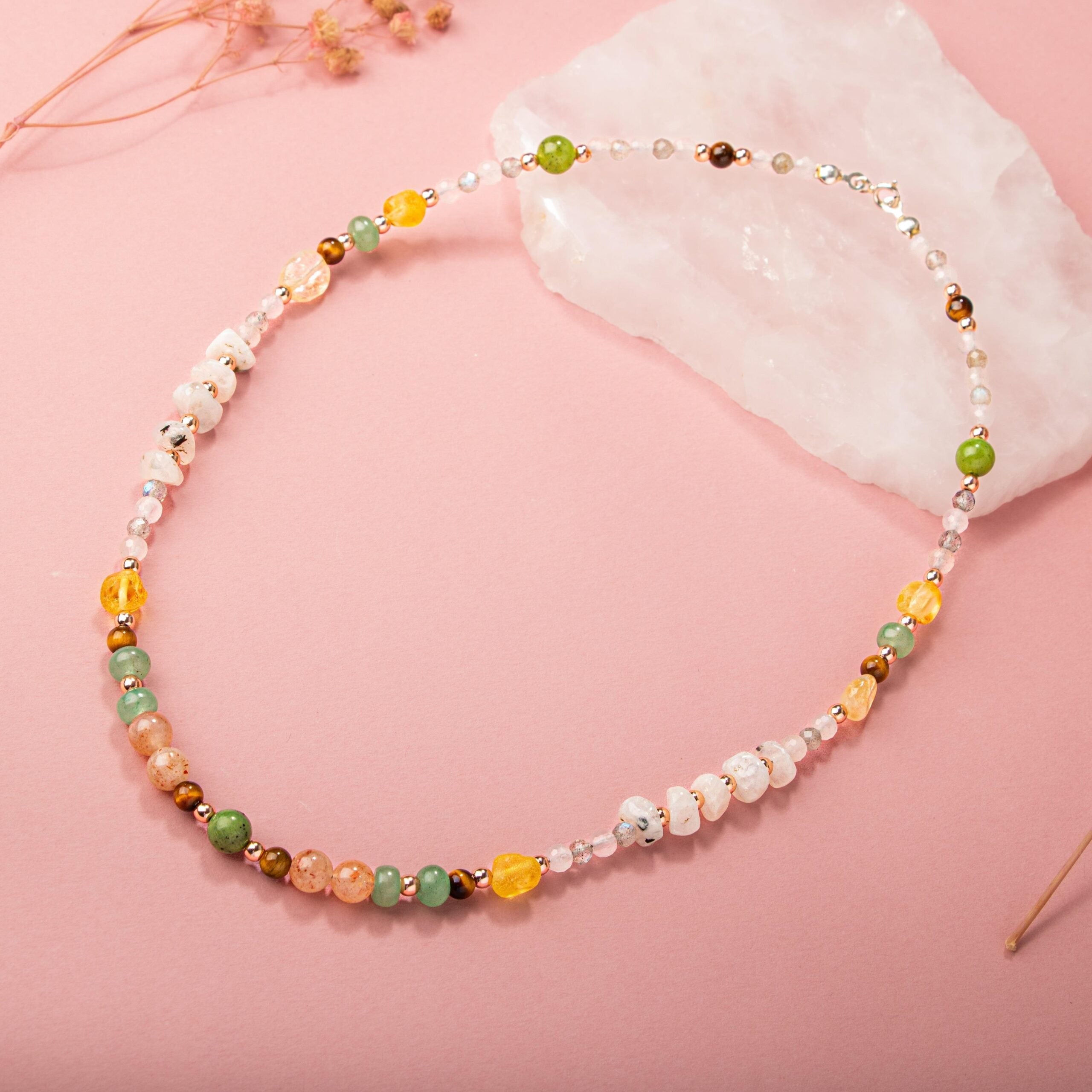 Yeşim-Kaplan Gözü-Hematit-Güneş Taşı-Aventurin-Sitrin-Kehribar-Labradorit-Ay Taşı-Pembe Kuvars Doğal Taş Kolye