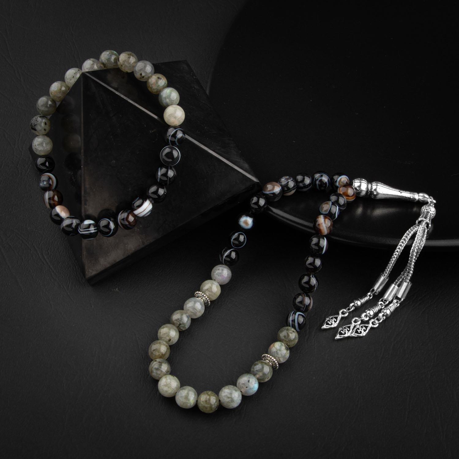 Labradorite & Black Eye Agate Natural Gemstone Prayer Beads & Bracelet Set