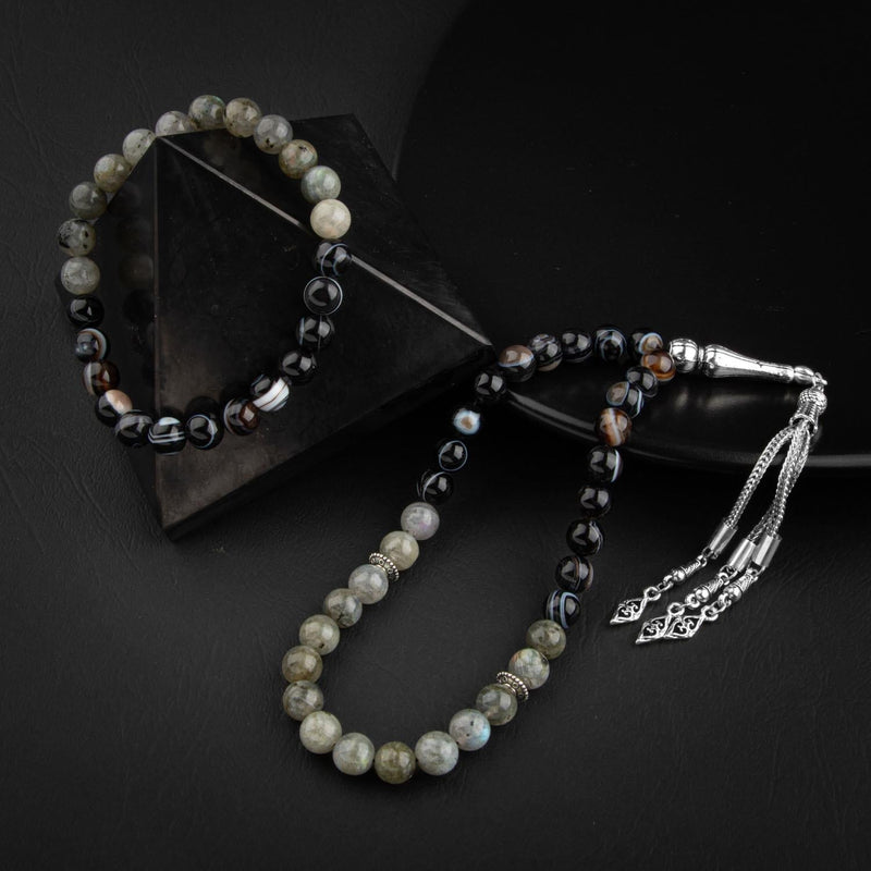 Laboratory Certified Labradorite & Black Eye Agate Natural Gemstone Prayer Beads & Bracelet Set