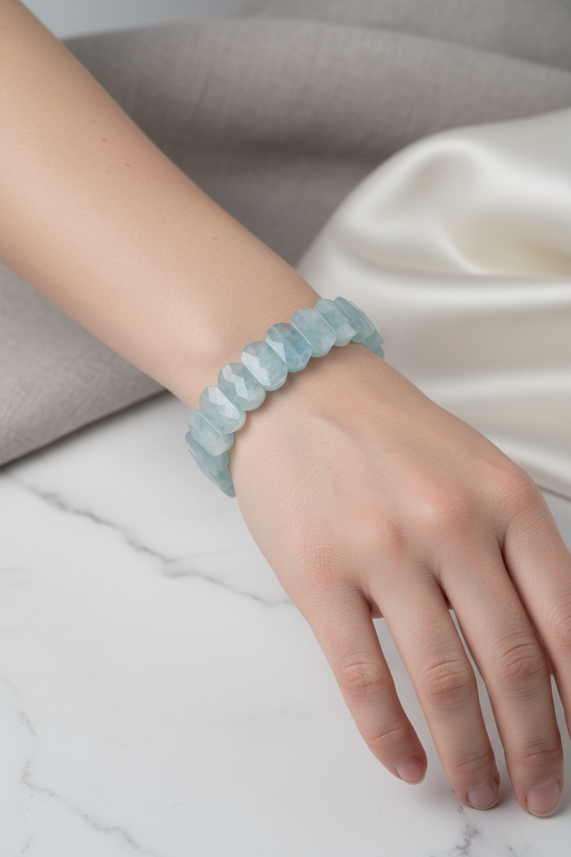 Aquamarine Wide Cut Natural Gemstone Bracelet