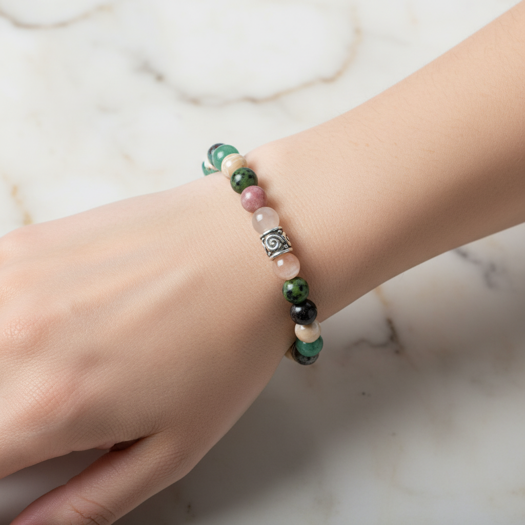 Laboratory Certified Taurus Zodiac Natural Stone Bracelet – Sunstone, Chrysocolla, Obsidian, Rhodonite, Mother of Pearl, Green Aventurine & Jade (Serpentine)