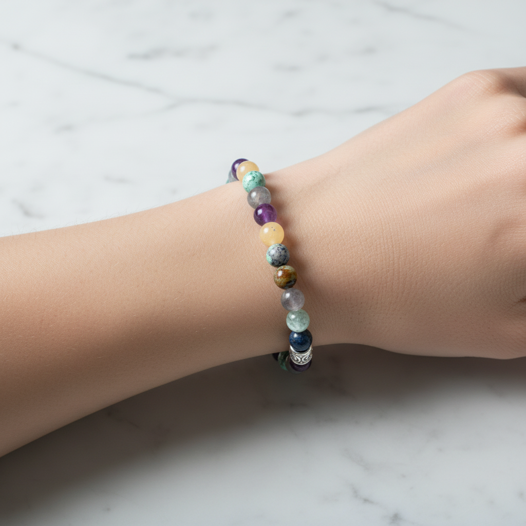 Laboratory Certified Sagittarius Zodiac Natural Stone Bracelet – Amethyst, Dumortierite, Spanish Variscite, Calcite & Labradorite