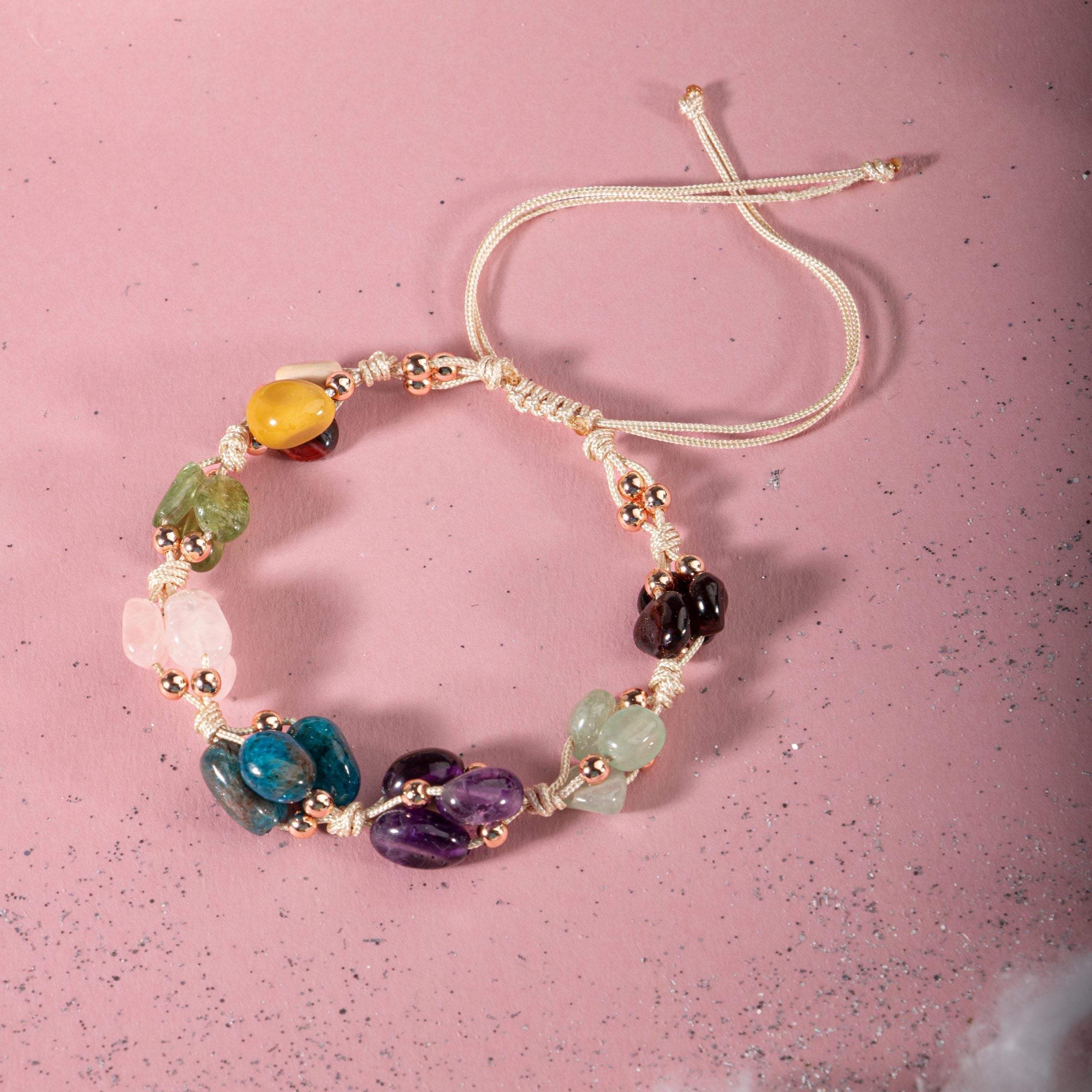 Başak Burcu Bileklik Ametist, Bordo Granat Lal, Jasper, Mavi Apatit, Pembe Kuvars, Yeşil Aventurin, Zebercet (Peridot)
