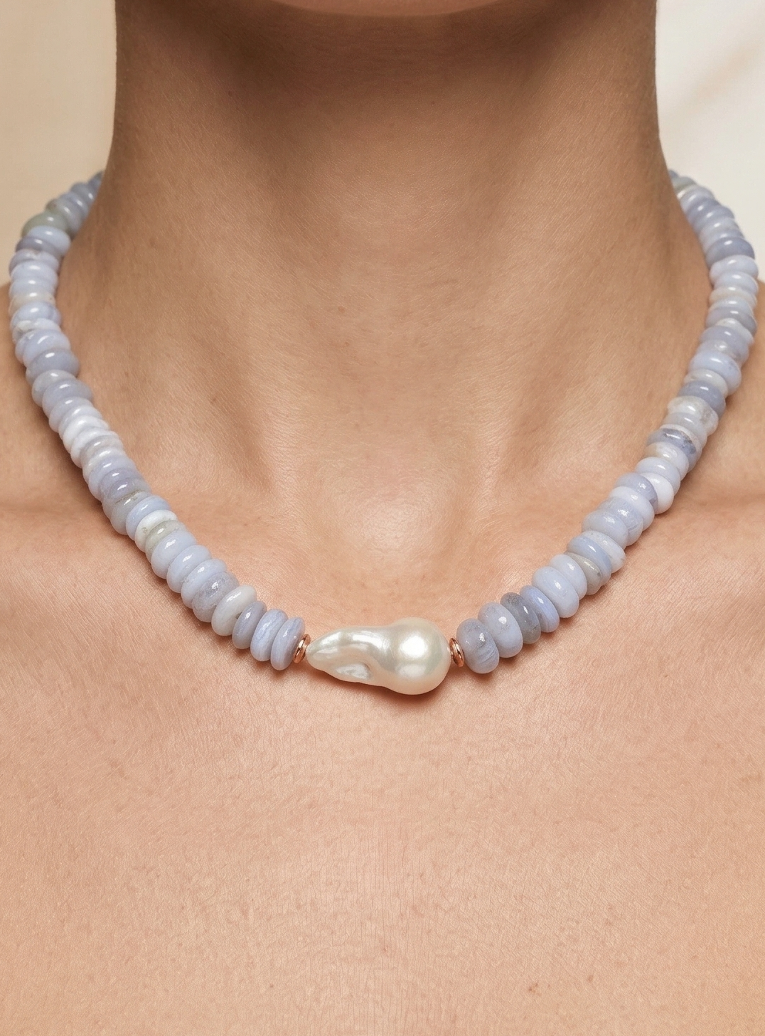 Certified Pearl & Chalcedony Natural Stone Necklace by Zevrina