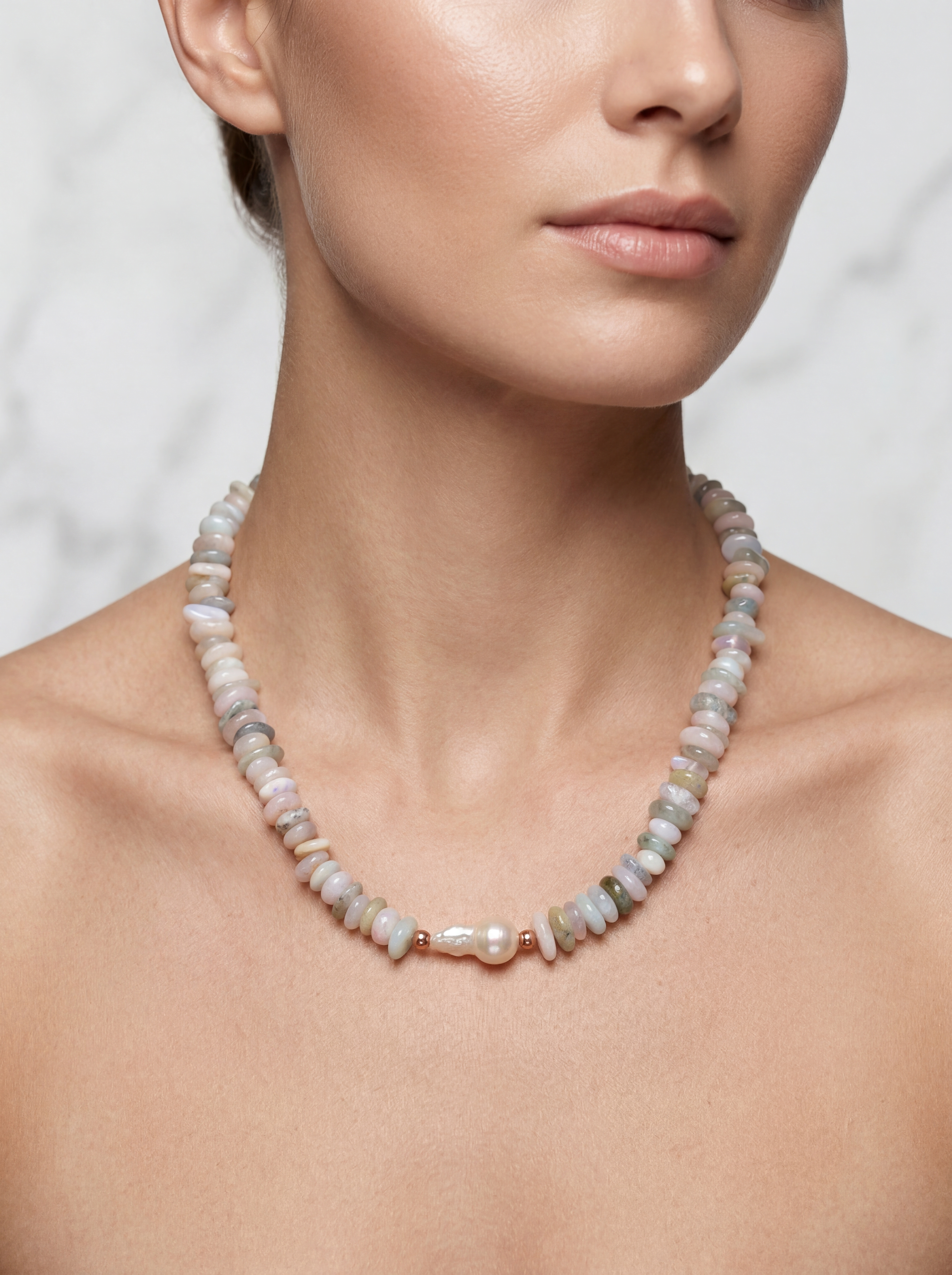 Pearl & Rose Quartz Natural Stone Necklace by Zevrina