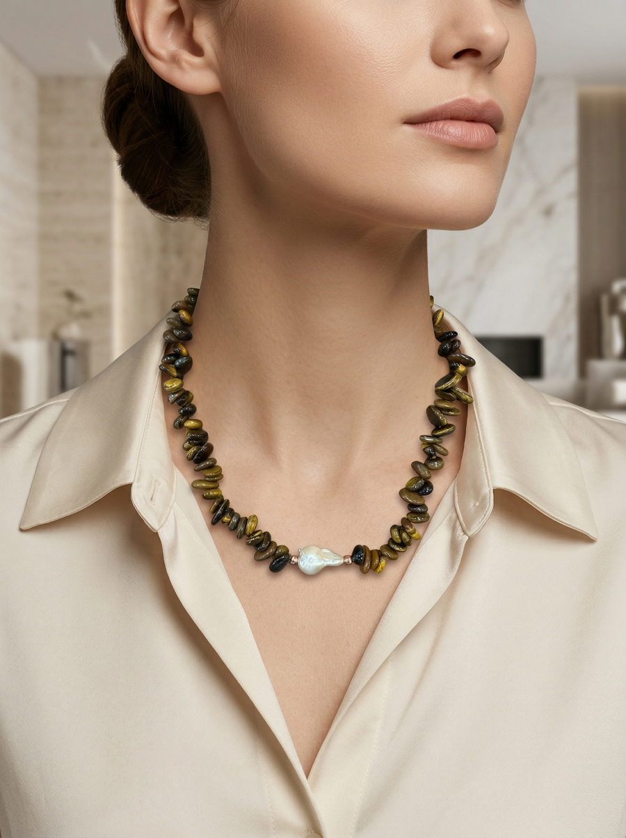 Laboratory Certified Pearl & Tiger's Eye Natural Stone Necklace