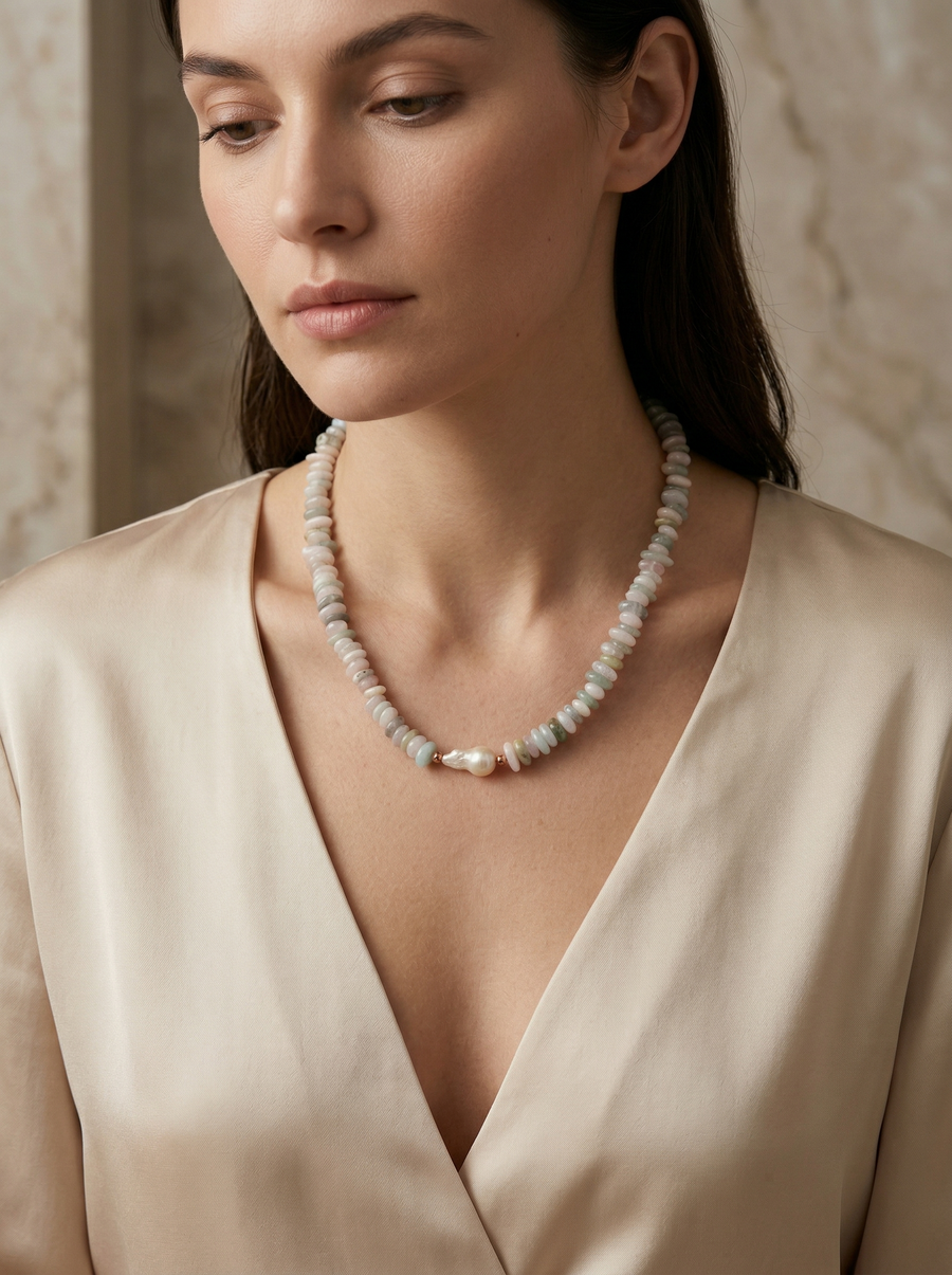 Laboratory Certified Aquamarine & Pearl Natural Stone Necklace