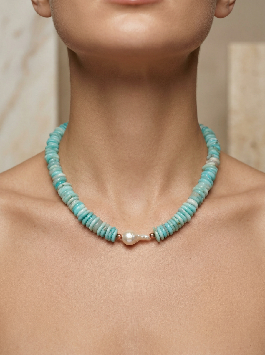 Laboratory Certified Amazonite & Pearl Natural Stone Necklace