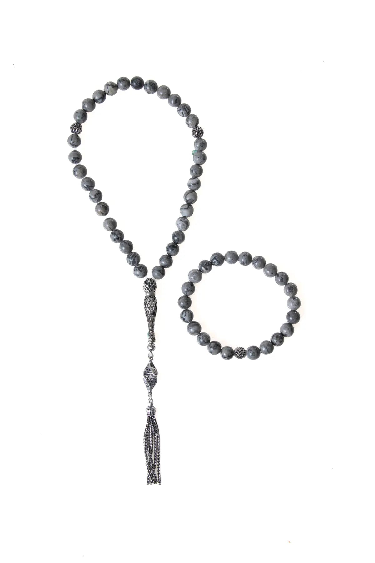 Laboratory Certified Jasper Natural Stone 925 Sterling Silver Prayer Beads & Bracelet Set – 8 mm