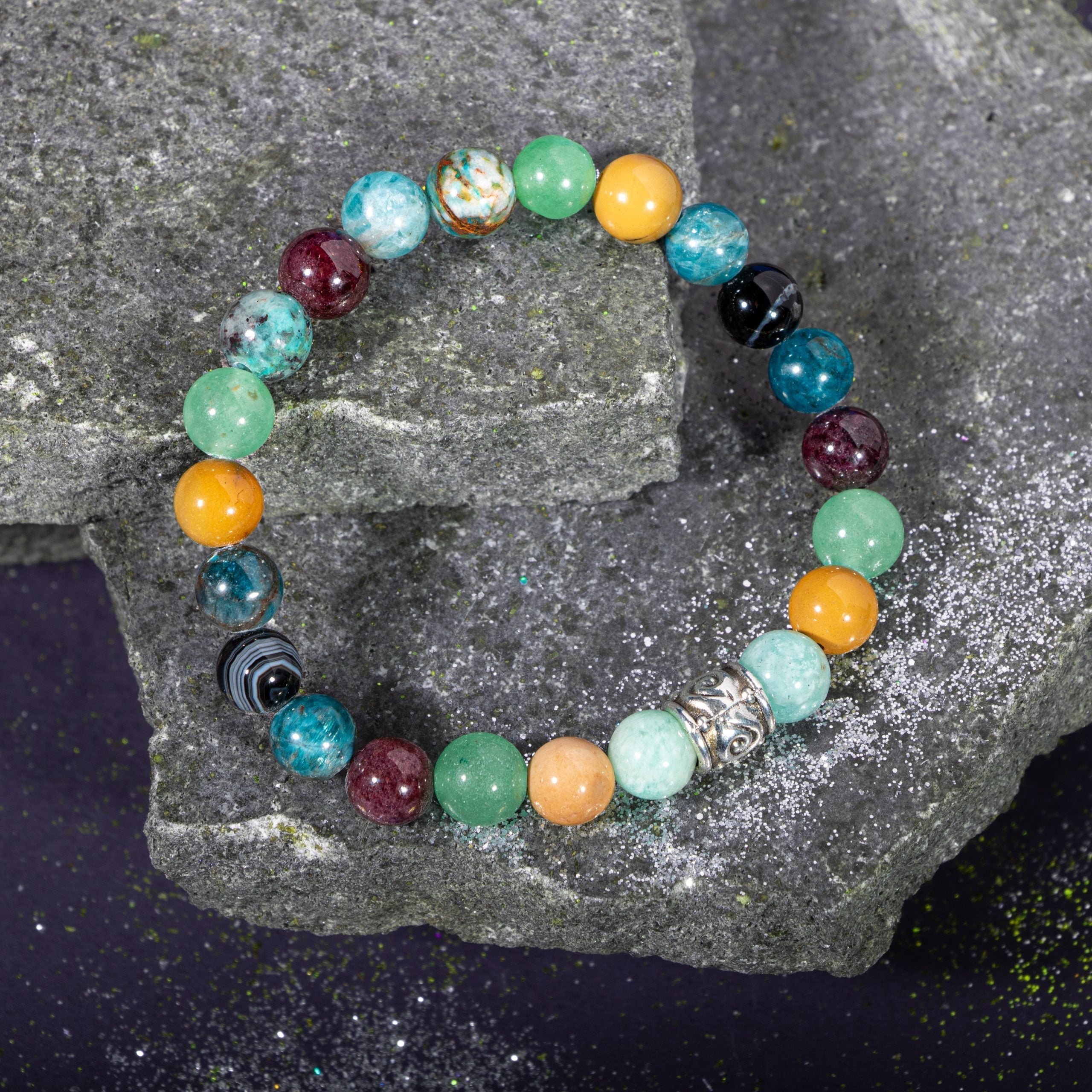 Başak Burcu Bileklik Amazonit, Bordo Granat Lal, Jasper, Krizokol, Mavi Apatit, Siyah Göz Akik, Yeşil Aventurin