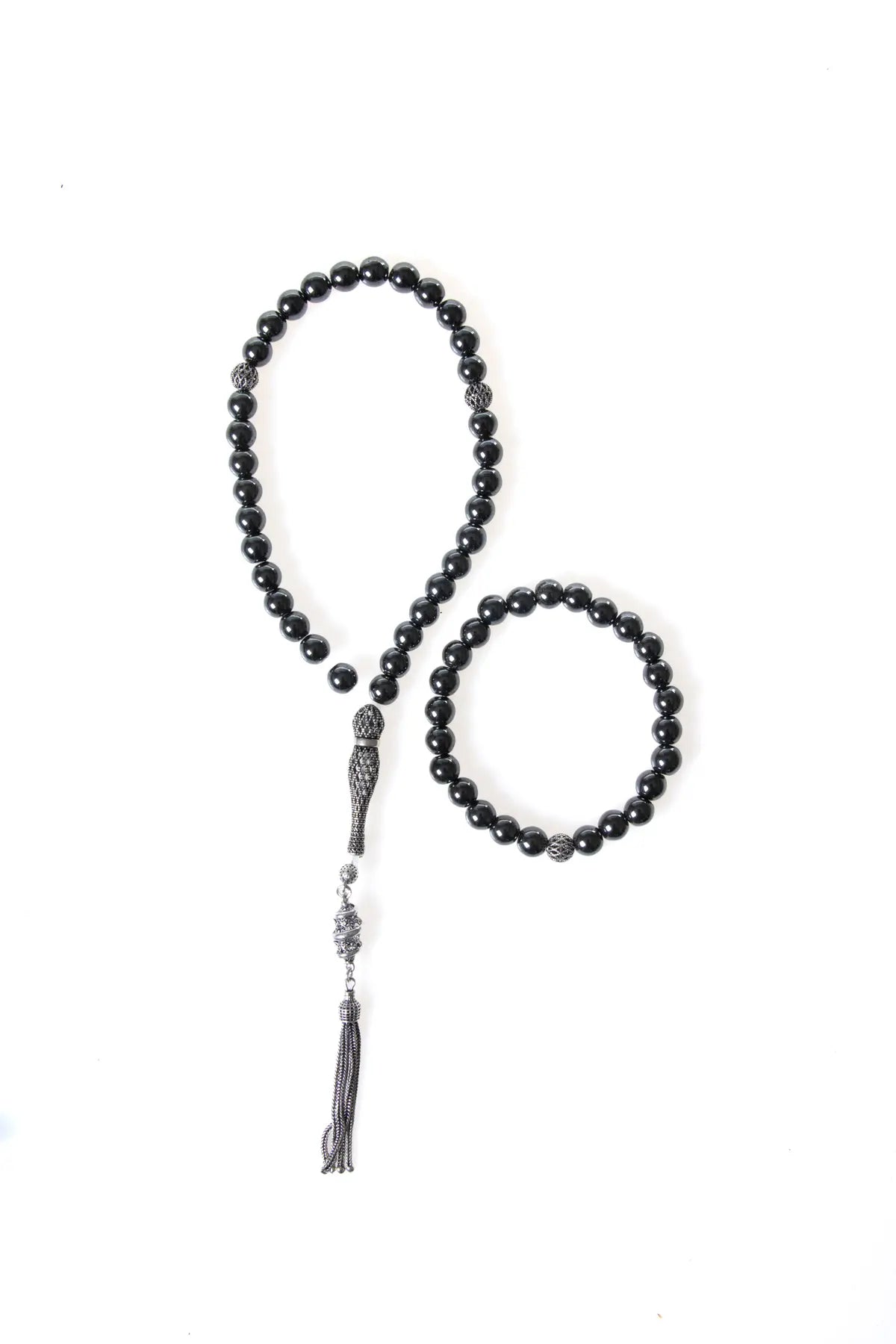 Laboratory Certified Hematite Natural Stone 925 Sterling Silver Imam Bead Prayer Beads & Bracelet Set – 8 mm