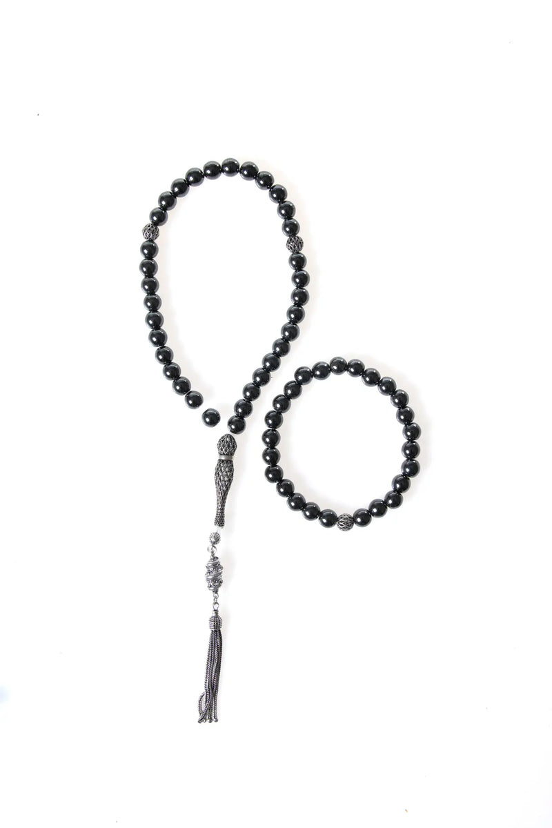 Laboratory Certified Hematite Natural Stone 925 Sterling Silver Imam Bead Prayer Beads & Bracelet Set – 8 mm