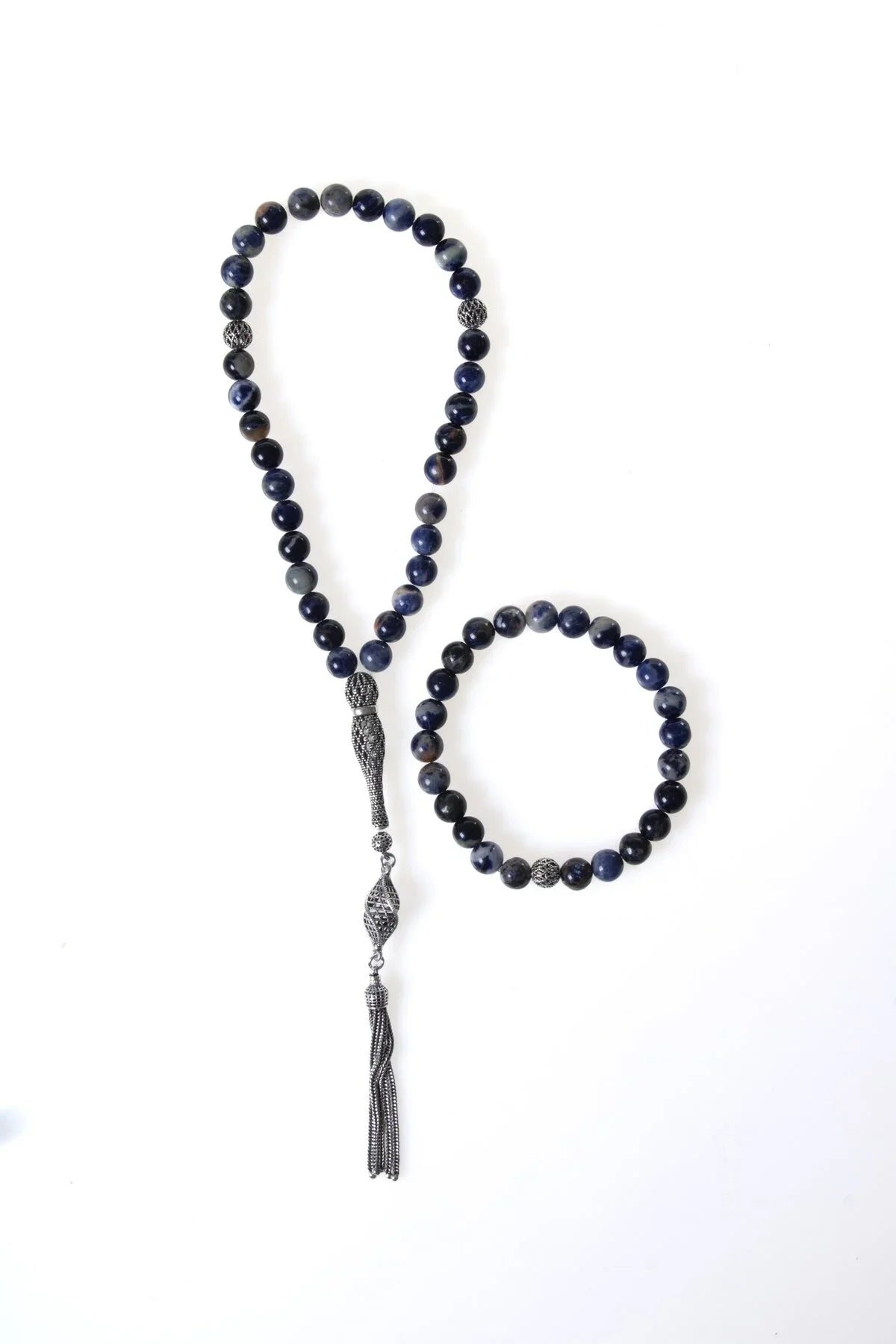 Laboratory Certified Sodalite Natural Stone 925 Sterling Silver Imam Bead Prayer Beads & Bracelet Set – 8 mm