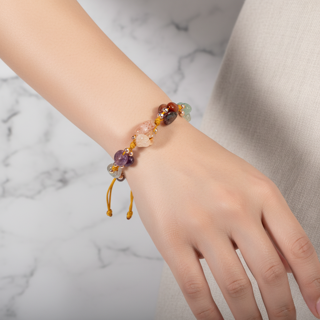 Aries Zodiac Natural Stone Macramé Bracelet – Amethyst, Burgundy Garnet (Lal), Sunstone, Jasper, Rose Quartz, Citrine, Green Aventurine